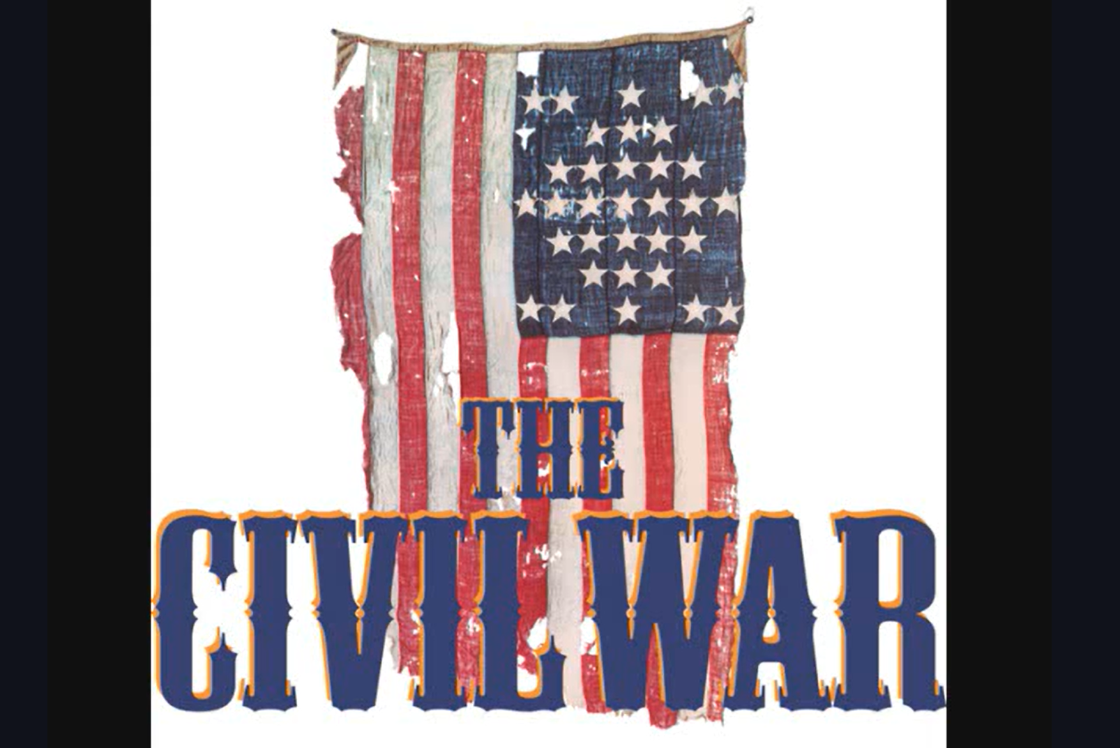 Tattered American flag with text 'The Civil War'.